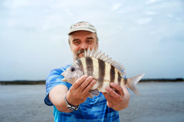 Happy  fisherman is holding a fish  Southern sheeps head (Archosargus probatocephalus)  against the sea