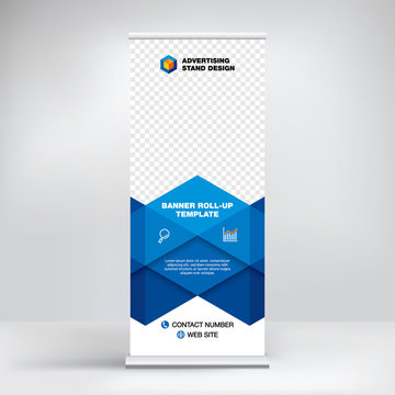 Roll-up banner template, advertising stand design. Layout for seminars, presentations, conferences, promotions, placement of photos and text, creative blue geometric background