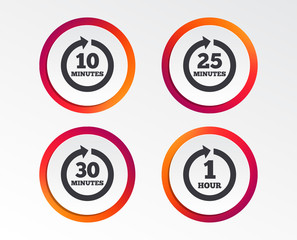 Every 10, 25, 30 minutes and 1 hour icons. Full rotation arrow symbols. Iterative process signs. Infographic design buttons. Circle templates. Vector