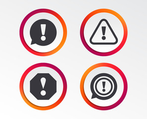 Attention icons. Exclamation speech bubble symbols. Caution signs. Infographic design buttons. Circle templates. Vector