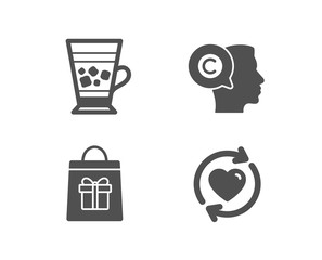 Set of Holidays shopping, Frappe and Writer icons. Update relationships sign. Gifts bag, Cold drink, Copyrighter. Refresh love.  Quality design elements. Classic style. Vector