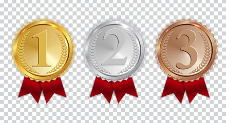 Champion Gold, Silver and Bronze Medal with Red Ribbon Icon Sign First, Secondand Third Place Collection Set Isolated on Transparent Background. Vector Illustration