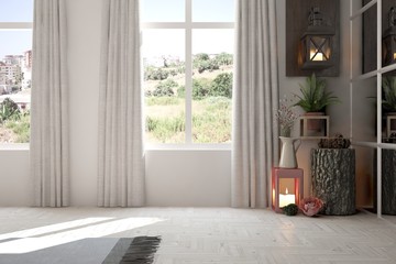 White empty room with home decoration and summer landscape in window. Scandinavian interior design. 3D illustration