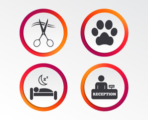 Hotel services icons. With pets allowed in room signs. Hairdresser or barbershop symbol. Reception registration table. Quiet sleep. Infographic design buttons. Circle templates. Vector