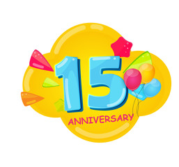 Cute Cartoon Template 15 Years Anniversary Vector Illustration