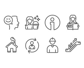 Set of Engineer, Cleaning and Person info icons. Woman read, Good mood and Escalator signs. Worker profile, Maid service, Refresh user data. Girl studying, Positive thinking, Elevator. Vector