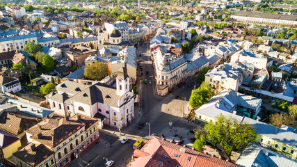 Obraz premium CHERNIVTSI, UKRAINE - April , 2018 : Polish Church in Chernivtsi city from above Western Ukraine. Sunny day of the city.