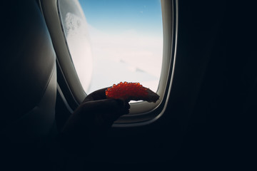 Sandwich with red caviar background airplane window