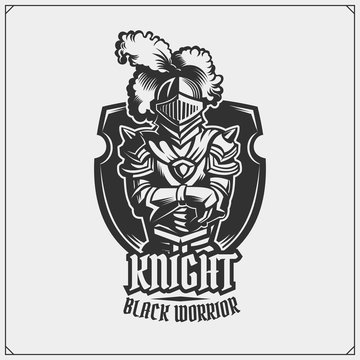 Medieval warrior knight in helmet emblem. Vector illustration.