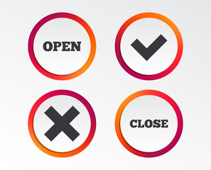 Open and Close icons. Check or Tick. Delete remove signs. Yes correct and cancel symbol. Infographic design buttons. Circle templates. Vector