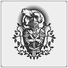 Medieval warrior knight in helmet emblem. Vector illustration.