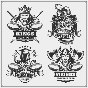 Football badges, labels and design elements. Sport club emblems with king, crusader, knight and viking.