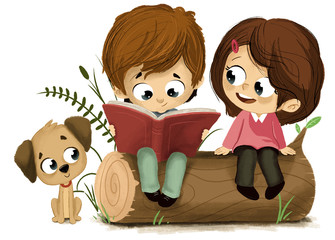 Niños leyendo un libro sentados en un tronco con un perro - obrazy, fototapety, plakaty