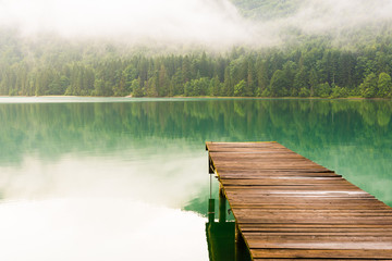 See mit Wald und Nebel in Herbst Stimmung - Walchensee mit Steg - obrazy, fototapety, plakaty