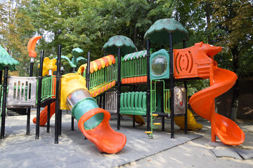 Children's playground in the city park. A modern playground in the city