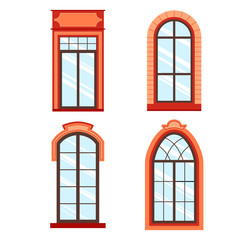 Detailed wooden window frames view isolated on house wall. Architecture design outdoor or exterior view, building and home theme
