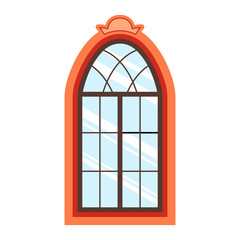Detailed wooden window frame view isolated on house wall. Architecture design outdoor or exterior view, building and home theme. Vector illustration.