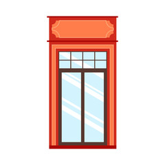 Obraz premium Detailed wooden window frame view isolated on house wall. Architecture design outdoor or exterior view, building and home theme. Vector illustration.