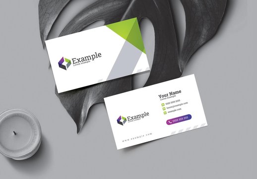 Business Card Layout with Green and Purple Accents