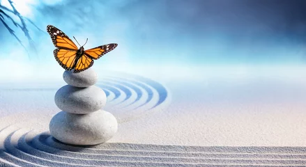Fond de hotte en verre imprimé Pierres dans le sable Papillon sur pierres de massage spa dans le jardin zen