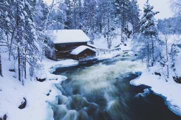 Winter snowy view of Oulanka National Park landscape, a finnish national park in the Northern...
