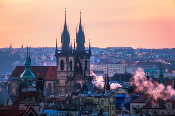 Scenic view of Prague old town cityscape at sunrise, Czech Republic