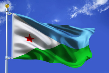 The silk waving flag of Djibouti with a flagpole on a blue sky background with clouds .3D illustration.