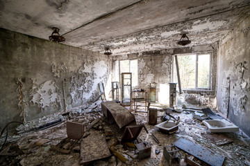 Surgery unit in the Pripyat hospital inside the Chernobyl exclusion zone. abandoned city, ghost town.