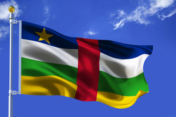 The silk waving flag of Central African Republic with a flagpole on a blue sky background with clouds .3D illustration.