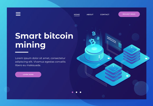 Cryptocurrency and Blockchain concept. Farm for mining bitcoins. Digital money market, investment, finance and trading. Banner design concept for landing page. Isometric vector illustration.