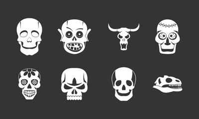 Skull icon set vector white isolated on grey background 