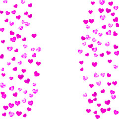 Mother's day background with pink glitter confetti. Isolated heart symbol in rose color. Postcard for mother's day background. Love theme for flyer, special business offer, promo. Women holiday