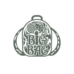 Big Bag. Silhouette of a backpack with an inscription, figures of the guy and the girl, a beacon and a globe on a cover of a bag.