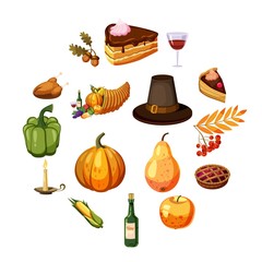 Thanksgiving Day icons set. Cartoon illustration of 16 Thanksgiving Day vector icons for web