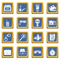 Spy icons set vector blue square isolated on white background 
