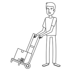 young man with cart transport box vector illustration design