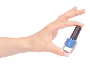 Blue nail polish in hand