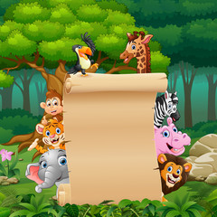 Animals with paper blank sign at forest