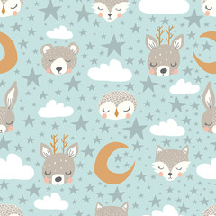 vector little star repeat background. sleepy animals and stars seamless pattern - 202416904