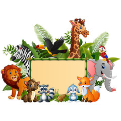 Animals forest cartoon with blank sign bamboo