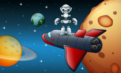 Robot cartoon outside of space with a plane
