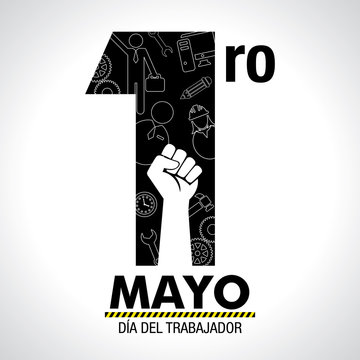 Dia del Trabajador - International Worker's Day in Spanish language - greeting card. Icons of woman, man, hammer, gears, fist, computer, pencil, clock inside number one in black on white background