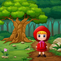 The girl red hooded at street of hills