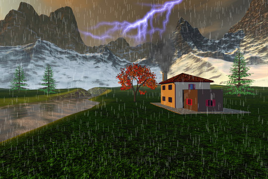 Storm in the valley, an autumn landscape, a small house next to the river, snowy mountains and grass on the ground with beautiful trees.
