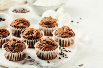 Chocolate Muffin with Chocolate Chips. Home baking. Baking and cooking concept.