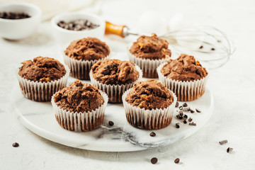 Chocolate Muffin with Chocolate Chips. Home baking. Baking and cooking concept.