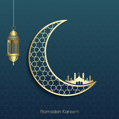 Ramadan Kareem greeting design with moon and arabic lamp. Vector.