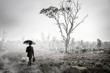 Man in foggy forest. Mixed media