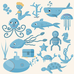 seamless pattern, vector set of flat illustration on marine life, underwater, white background