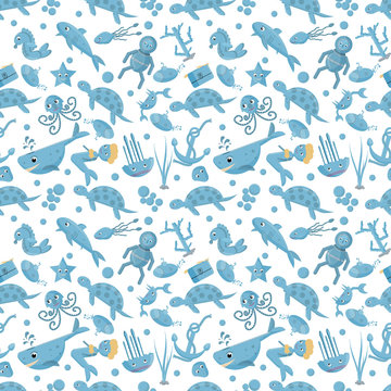 seamless pattern flat_2_illustration on the theme of marine life, underwater life, white background